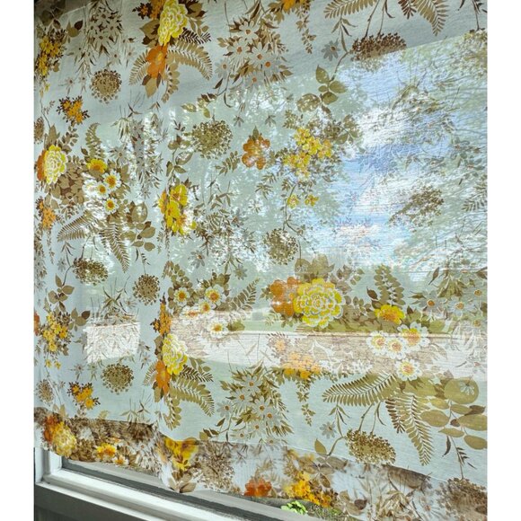 Vintage 70s curtain, large white, orange, yellow, brown flowers, rod header - Picture 4 of 10
